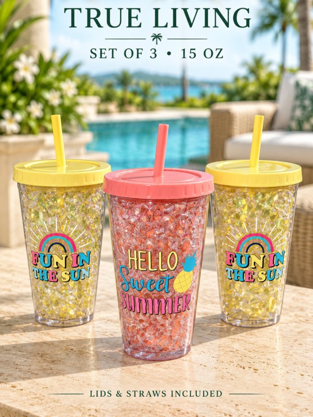 True Living Freeze Tumblers Set of 3 • 15 oz • Summer Lids & Straws